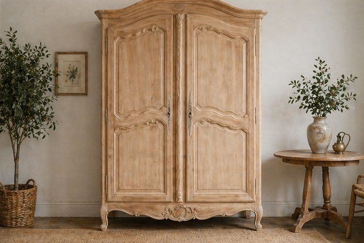 Tall vintage wooden armoire with ornate carvings in a neutral-toned room, flanked by potted plants and a round table with a vase.