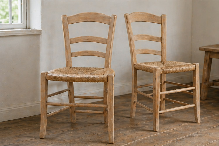 Pair of light wooden ladder-back chairs with woven seats in a rustic room.