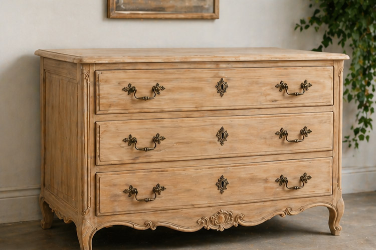 Antique wooden dresser with three drawers, brass handles, and carved decorative base.
