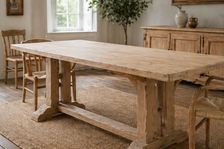 Rustic wooden dining table with trestle legs in a sunlit dining room, surrounded by wooden chairs and a woven rug.